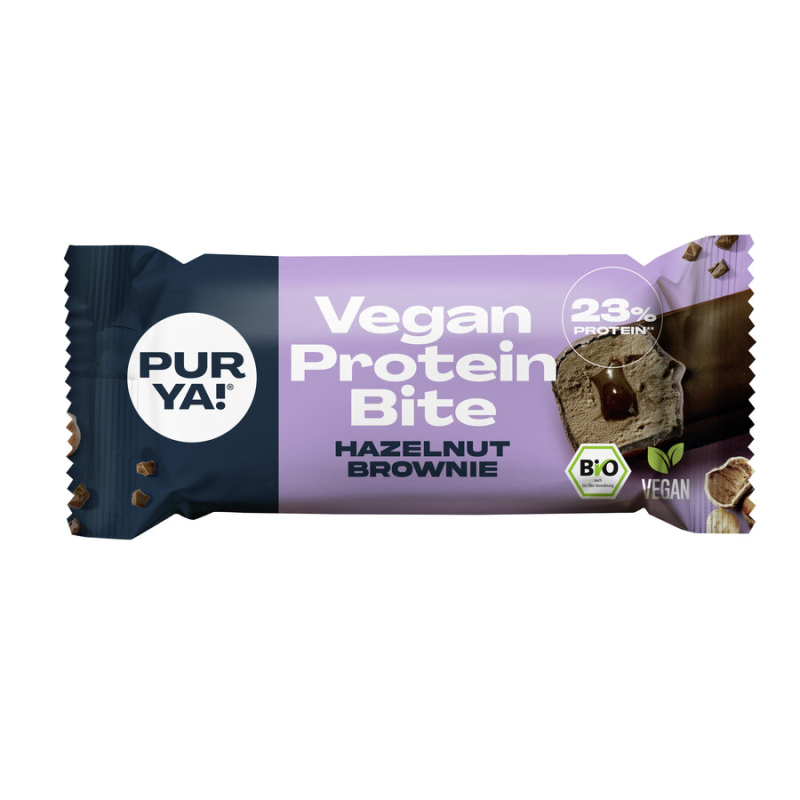 Pur Ya - ProteinBite Hazelnut Brownie PurYa bio - Protein-Riegel mit Haselnuss und Brownie-Geschmack in Bio-Qualität. Schokoladi
