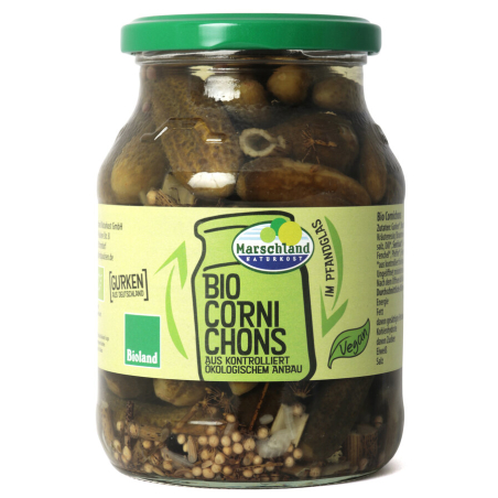 Marschland Naturkost - Cornichons Pfandglas bio - Bio-Cornichons im Pfandglas. Knackige, kleine Essiggurken als würzige Beilage 