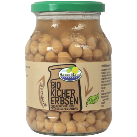 Marschland Naturkost - Kichererbsen Pfandglas bio - Bio-Kichererbsen im Pfandglas. Vorgekochte Kichererbsen für Hummus, Salate u