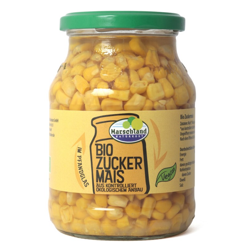 Marschland Naturkost - Zuckermais Pfandglas bio - Bio-Zuckermais im Pfandglas. Süsser Mais für Salate, Pizza und als Beilage.