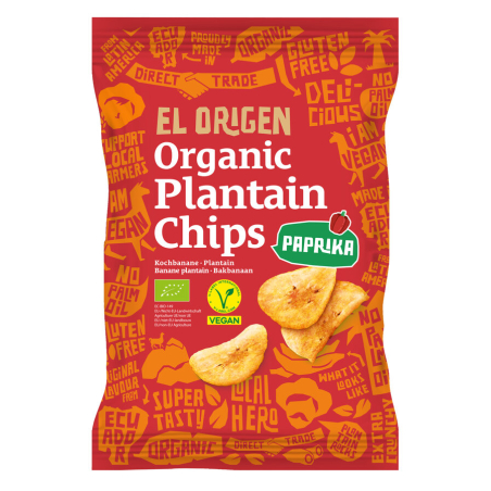 El Origen Food - Kochbananen Chips Plantain Paprika bio - Bio-Kochbananen-Chips Plantain Paprika. Knusprige Bananenchips mit wür