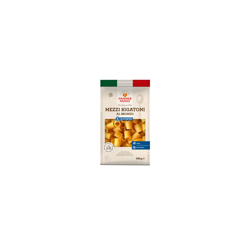 Hammermühle - Paste Mezzi Rigatoni gf conv. - Mezzi Rigatoni convenzionali senza glutine. Pasta corta e rigata a tubetti, adatta