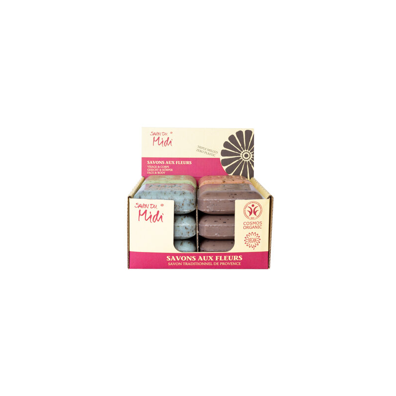 Savon du Midi - Présentoir mixte de savons aux fleurs BIO, garni de 3 pièces chacun - 