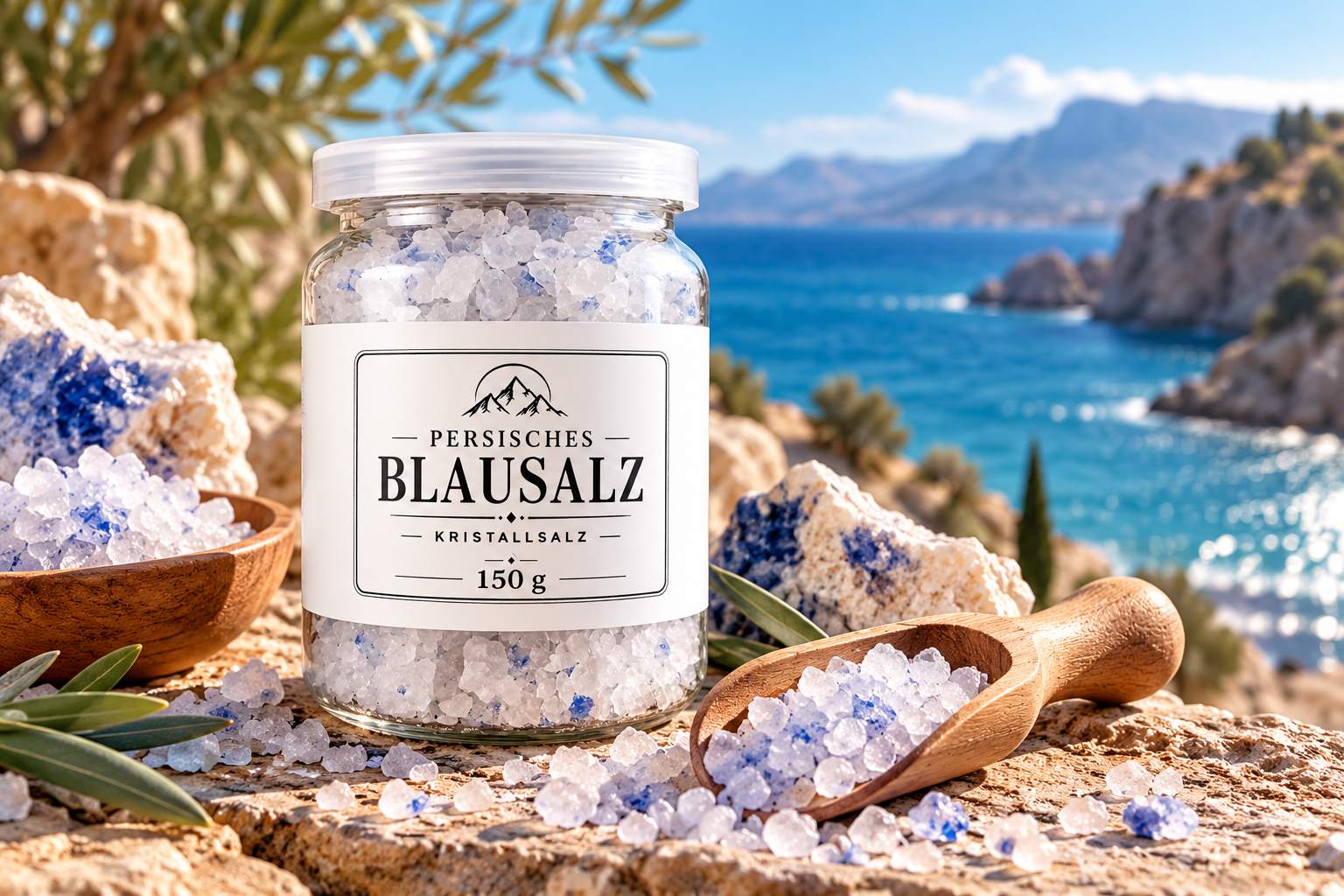 Glas Persisches Blausalz 150 g mit groben Kristallen auf einem Felsen, daneben Holzschale und Holzschaufel mit Salz, dahinter eine Meeresbucht