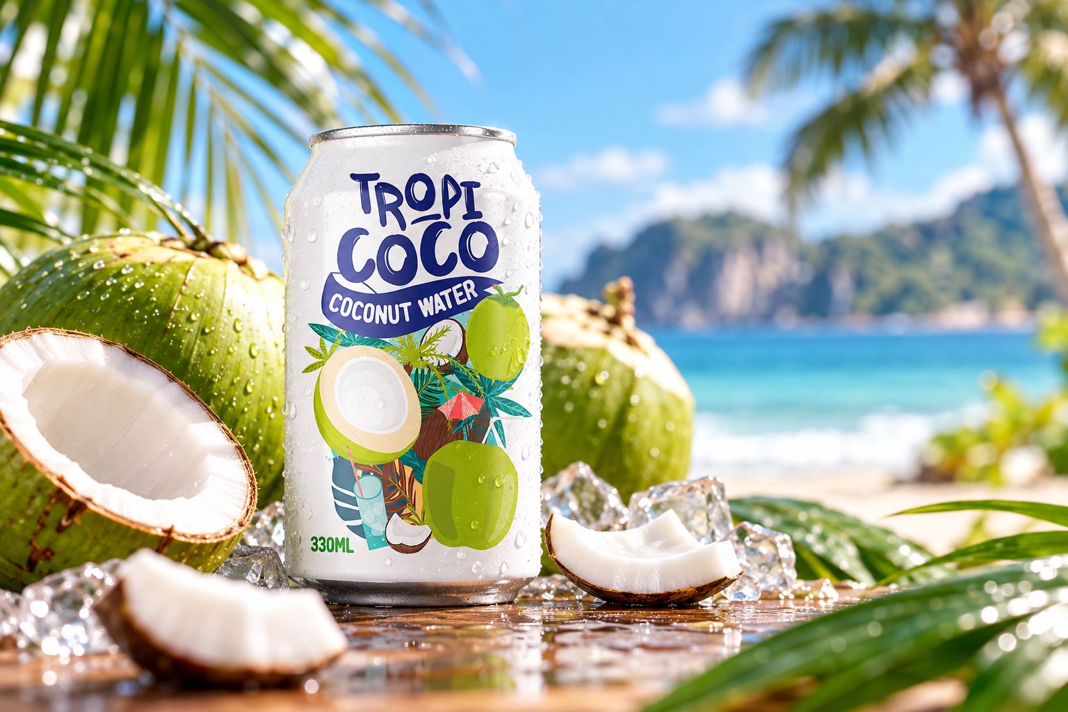 Dose Tropi Coconut Water 330 ml mit frischen Kokosnüssen und Eiswürfeln an einem tropischen Strand
