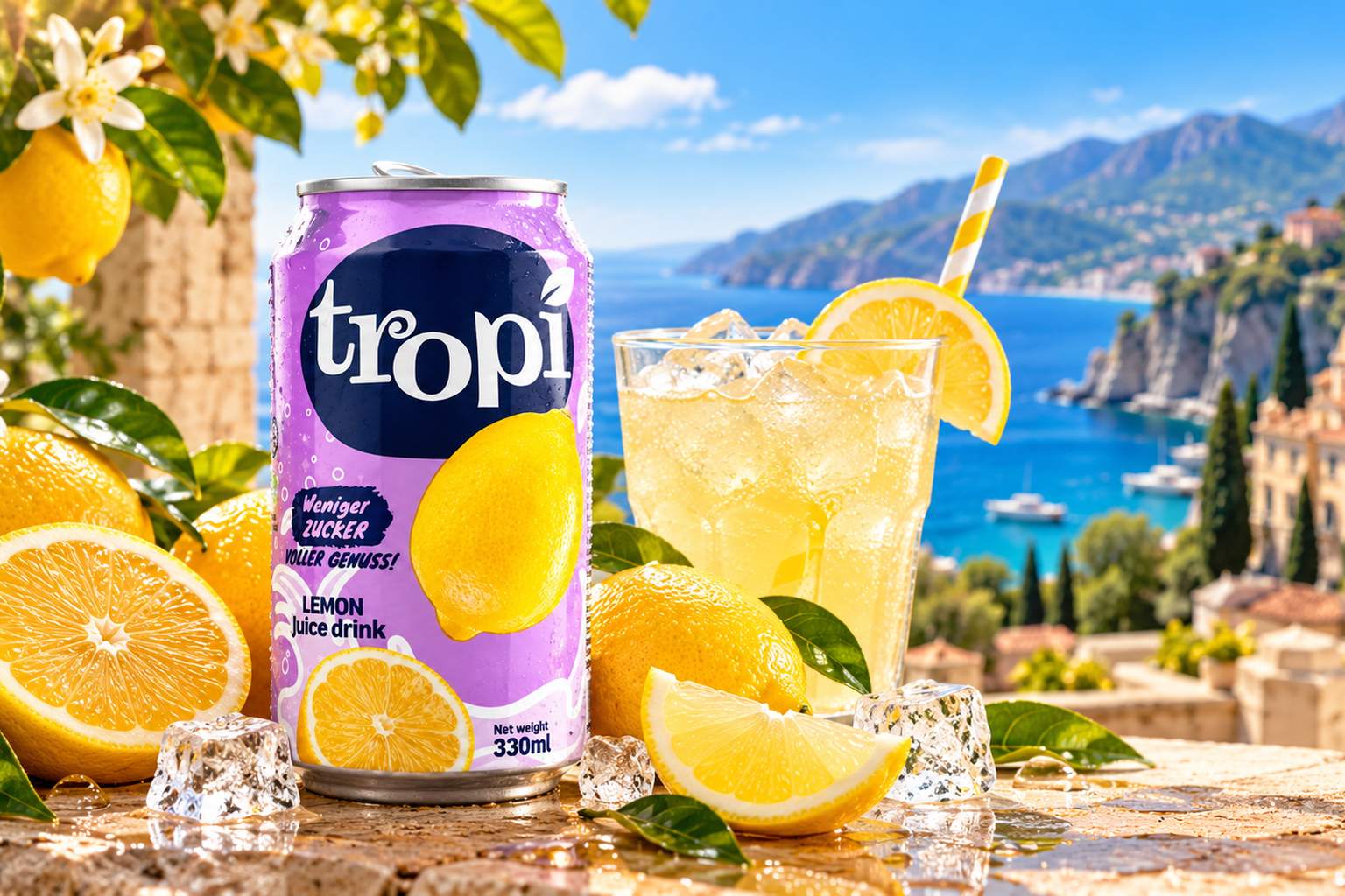 Dose Tropi Lemon Fruchtsaftgetränk 330 ml mit frischen Zitronen, Zitronenblüten, Eiswürfeln und einem Glas Zitronengetränk, im Hintergrund eine Küstenlandschaft am Mittelmeer