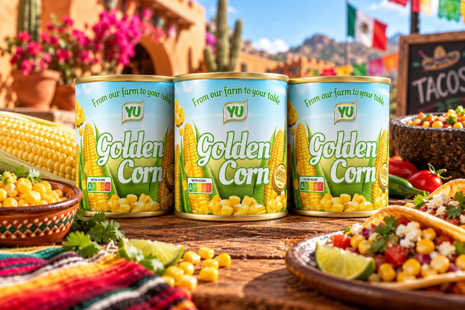 Drei Dosen YU Golden Corn Maiskörner auf einem Holztisch mit Maiskolben, Tacos und Limetten in mexikanischem Ambiente