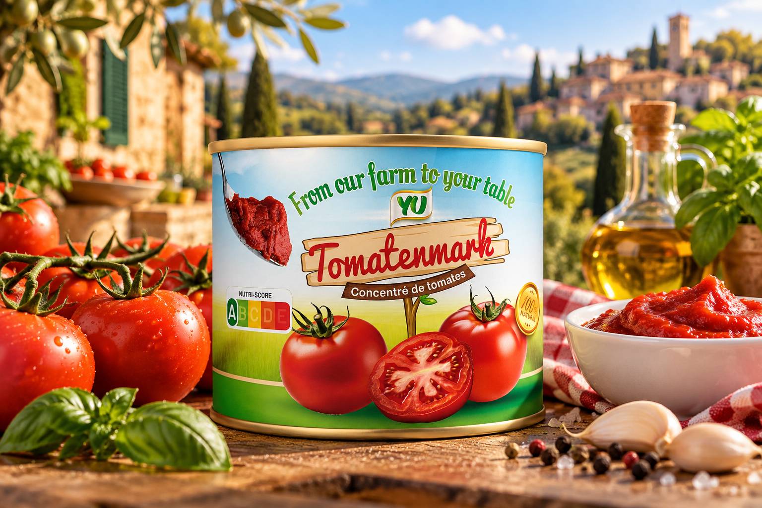 Dose YU Tomatenmark auf einem Holztisch mit frischen Tomaten, Basilikum und Olivenöl, dahinter eine toskanische Hügellandschaft